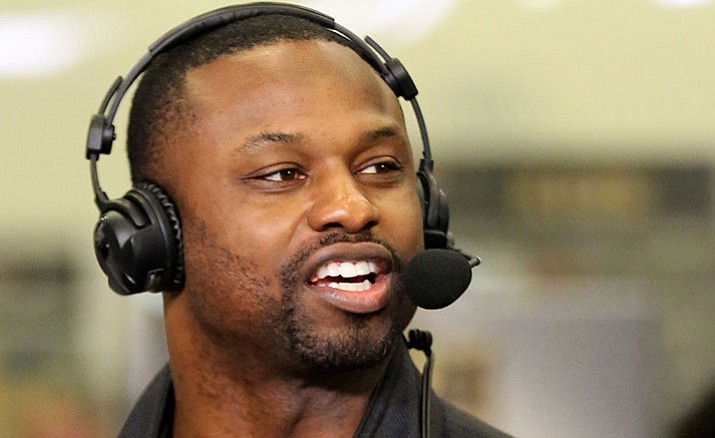 Former NFL player Bart Scott speaks during an interview on Radio Row at the NFL Media Center during Super Bowl Week in San Francisco.
