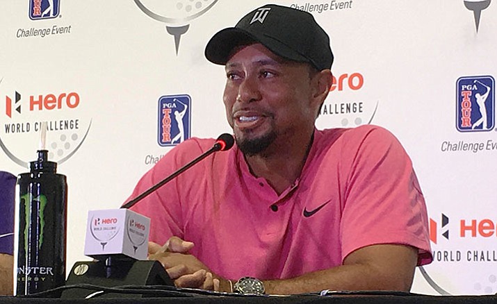 Tiger Woods speaks at a press conference for the Hero World Challenge golf tournament in Nassau, Bahamas, Tuesday, Nov. 29.
