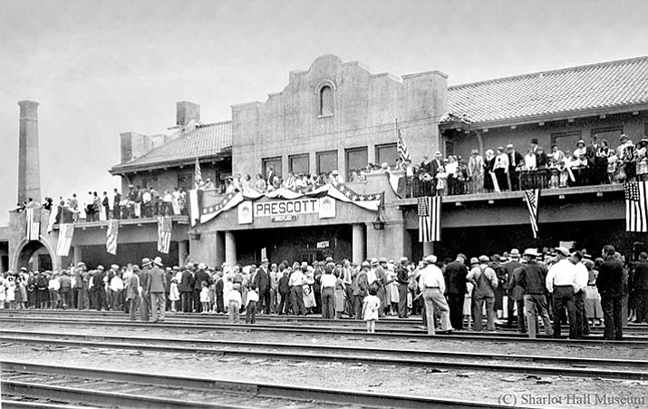 Meeting the four o’clock train was a popular pastime in early Prescott. This celebratory view of the Depot is dated 1933.