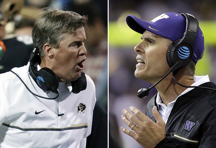 Colorado coach Mike MacIntyre, left, argues a call with field judge Kevin Kieser during the first half of the team's NCAA college football game against UCLA on Thursday, Nov. 3, 2016, in Boulder, Colo. (AP Photo/David Zalubowski). Washington head coach Chris Petersen directs his team against Oregon State in an NCAA college football game Saturday, Oct. 22, 2016, in Seattle. Washington won 41-17. (AP Photo/Elaine Thompson)