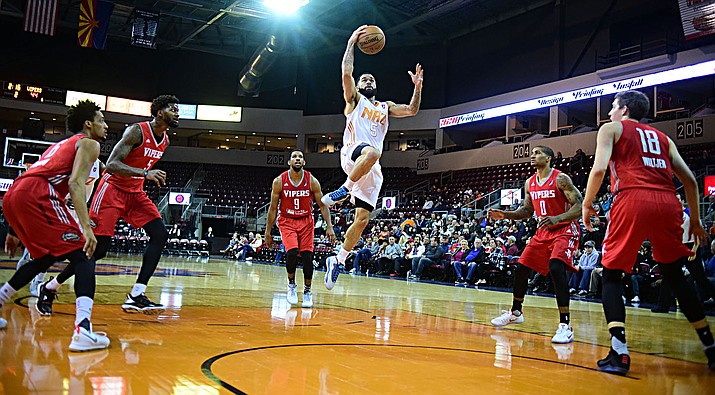 Northern Arizona's Josh Gray flies down the lane while five defenders stand by and watch as the Suns take on the Rio Grande Valley Vipers on Wednesday, Dec. 7, at the Prescott Valley Event Center. (Les Stukenberg/The Daily Courier)