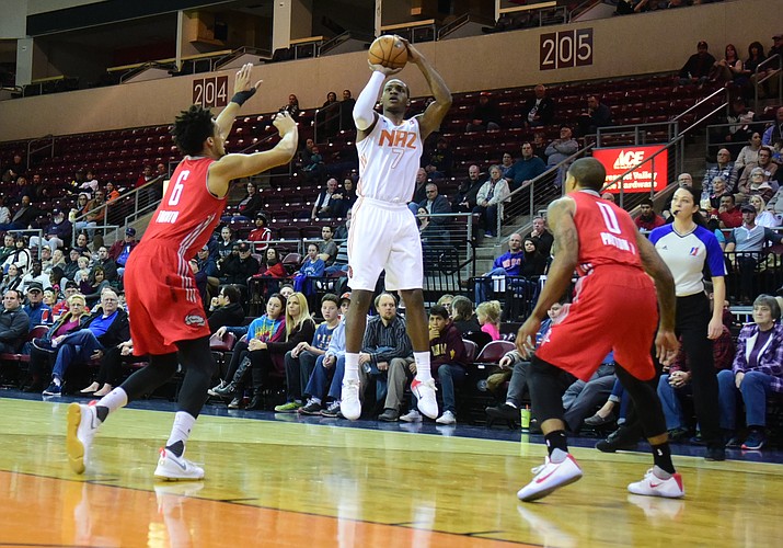 Northern Arizona's Elijah Millsap takes a long range shot as the Suns take on the Rio Grande Valley Vipers Wednesday, December 7 at the Prescott Valley Event Center. (Les Stukenberg/The Daily Courier)