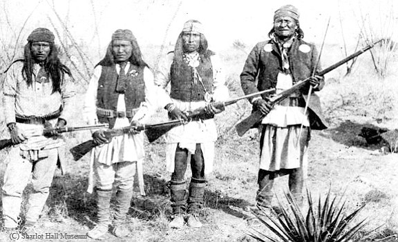 Left to right: Apache chief Geronimo and his warriors Yanuzha, Chappo (Geronimo’s son), Fun, and Geronimo, 1886, call number IN-A-158PB.