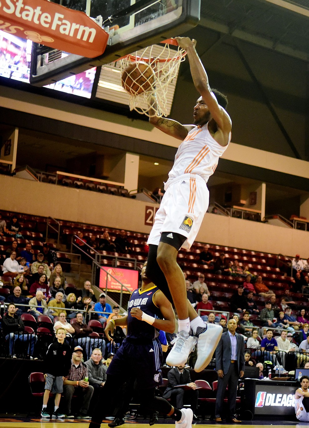 Northern Arizona's Derrick Jones Jr. dunks the ball as the Suns take on the Iowa Energy Saturday, December 10 at the Prescott Valley Event Center.  (Les Stukenberg/The Daily Courier)