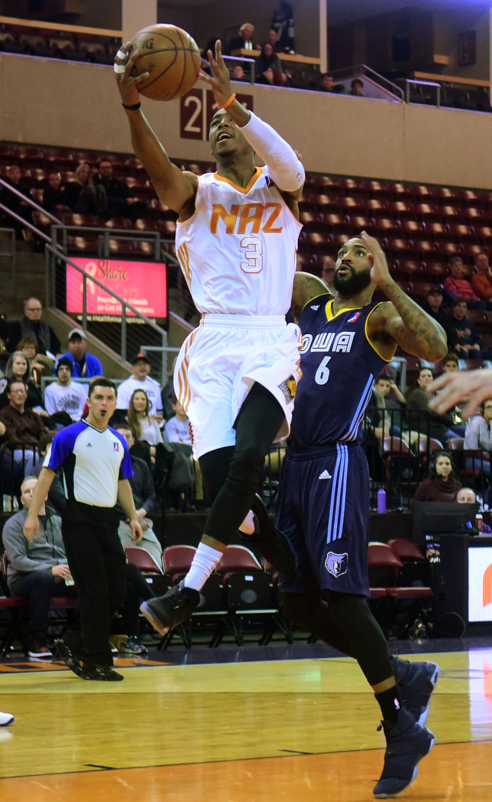 Northern Arizona's Shaquille Harrison goes to the basket as the Suns take on the Iowa Energy Saturday, December 10 at the Prescott Valley Event Center.  (Les Stukenberg/The Daily Courier)