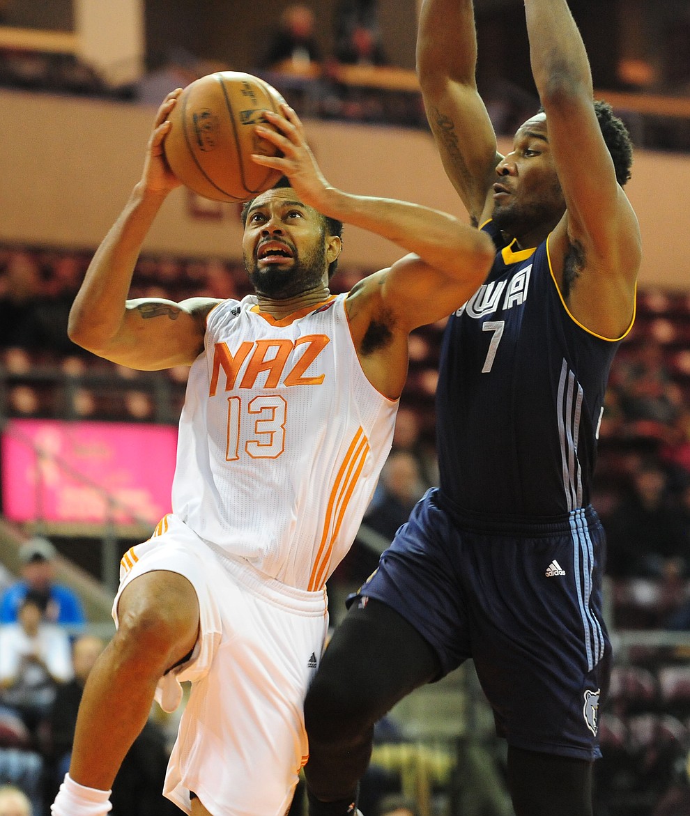 Northern Arizona's Xavier Silas goes hard to the hoop as the Suns take on the Iowa Energy Saturday, December 10 at the Prescott Valley Event Center.  (Les Stukenberg/The Daily Courier)