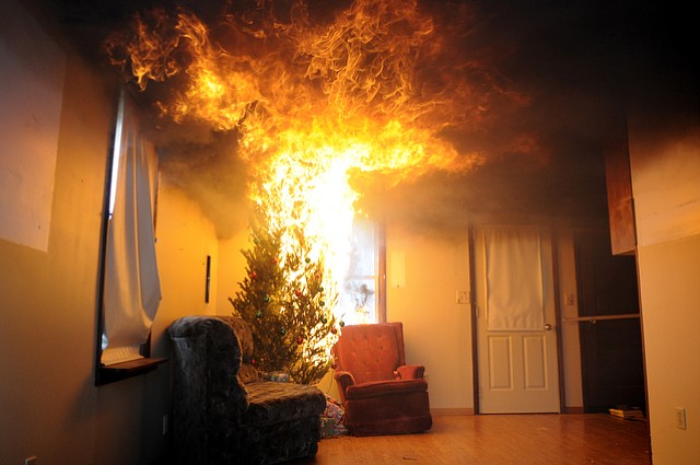 A Christmas tree goes up in flames during a fire drill. 