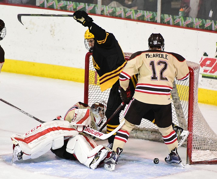 ASU's Wade Murphy scores late in the game as the ASU Sun Devils take on the Brown Bears from Rhode Island in the Desert Hockey Classic at the Prescott Valley Event Center Friday, December 30. (Les Stukenberg/The Daily Courier)