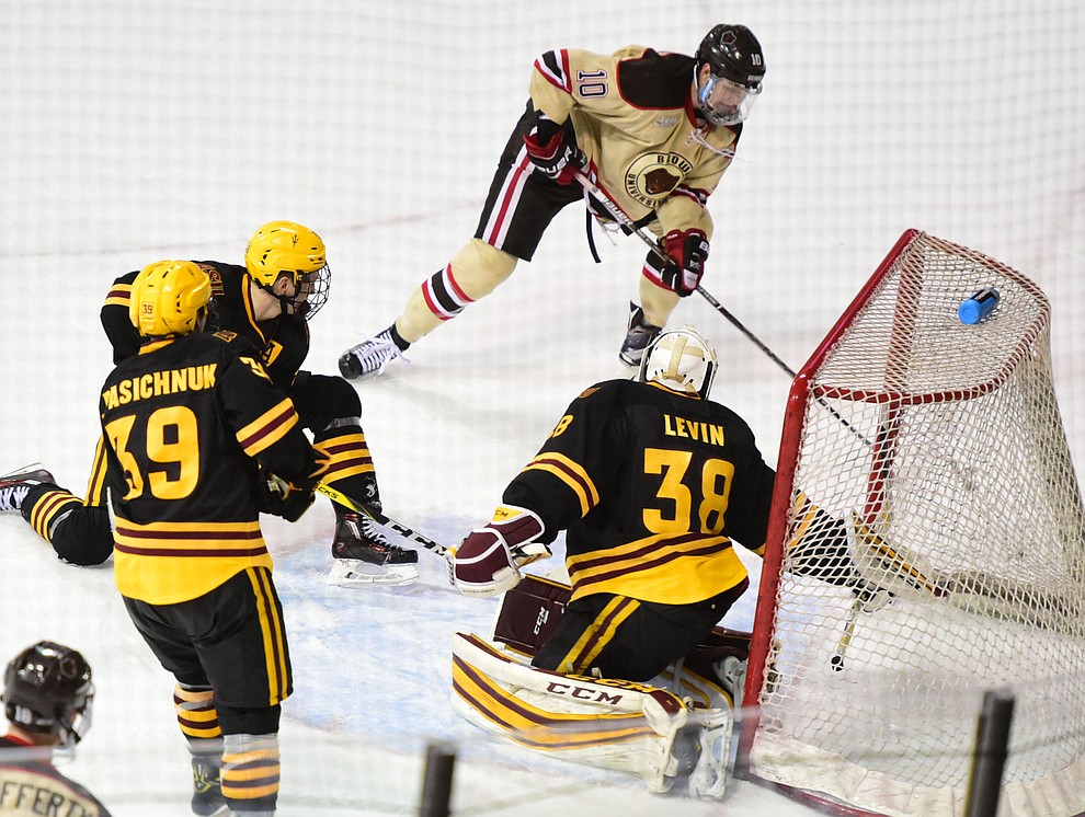 Brown's Max Willman nets the game winner as the ASU Sun Devils take on the Brown Bears from Rhode Island in the Desert Hockey Classic at the Prescott Valley Event Center Friday, December 30. (Les Stukenberg/The Daily Courier)