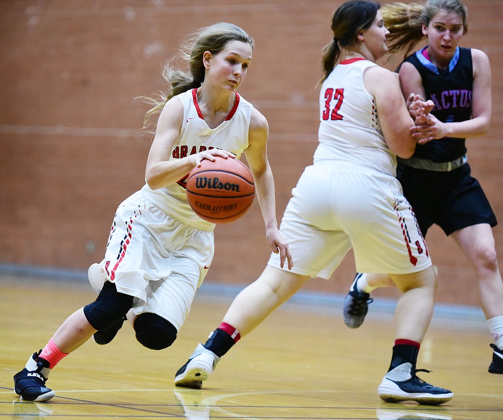 Bradshaw Mountain's Mica Nellis drives the lane as the Lady Bears take on the Cactus Lady Cobras in the semifinal of the Winter Classic at Prescott High School Friday, December 30. (Les Stukenberg/The Daily Courier)
