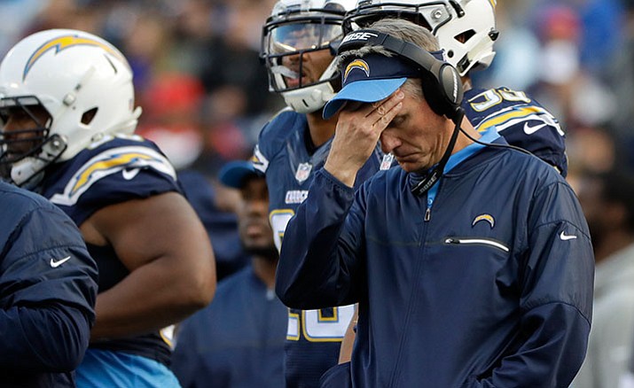 San Diego Chargers head coach Mike McCoy reacts during the second half of an NFL football game against the Kansas City Chiefs, Sunday, Jan. 1, in San Diego. 
