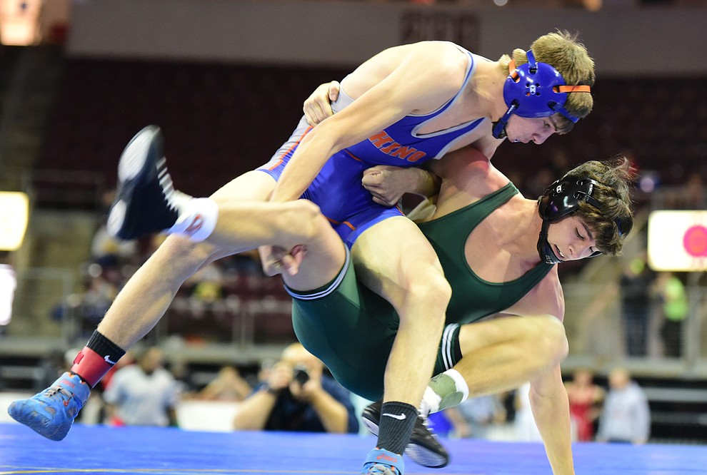 Chino Valley's JC Mortenson lost a close match 9-7 during the semifinal round of the Mile High Challenge at the Prescott Valley Event Center Tuesday, January 3. (Les Stukenberg/The Daily Courier)