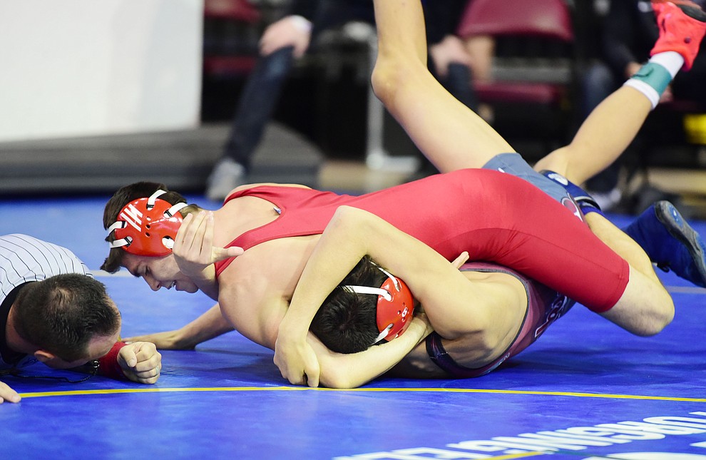 Mingus Union's Lucas Svoboda wins by pin during the semifinal round of the Mile High Challenge at the Prescott Valley Event Center Tuesday, January 3. (Les Stukenberg/The Daily Courier)