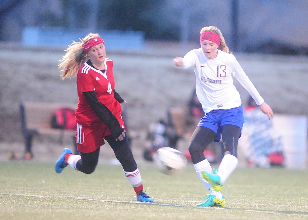 Prescott's Sawyer Magnett scores a goal as the Lady Badgers take on the Lady Marauders Tuesday, January 3 in Prescott Valley. (Les Stukenberg/The Daily Courier)