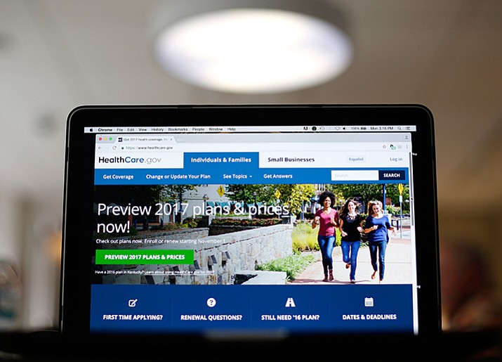 In this photo taken Oct. 24, 2016, the HealthCare.gov 2017 website home page as seen in Washington. Consumers will have the least choice next year than at any time since the health insurance markets created by President Barack Obama’s overhaul opened, a new, county-level analysis for The Associated Press has found.  


