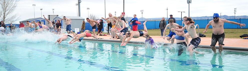 35 participants hit the water during the 11th Annual Polar Bear Plunge at Mountain Valley Splash in Prescott Valley Saturday, January 7. (Les Stukenberg/The Daily Courier)