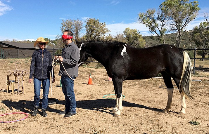 Ann Bulowski, equine therapist with Heroes&Horses, calls this an exercise focused on trust and mindfulness that challenges careful listening and following direction. The blindfolded client learns to trust the guide and the horse.