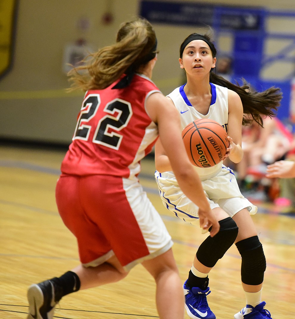 Prescott's Theresa Gutierrez looks to shoot as the Lady Badgers take on the Mingus Lady Marauders Tuesday, January 17 in Prescott. (Les Stukenberg/The Daily Courier)