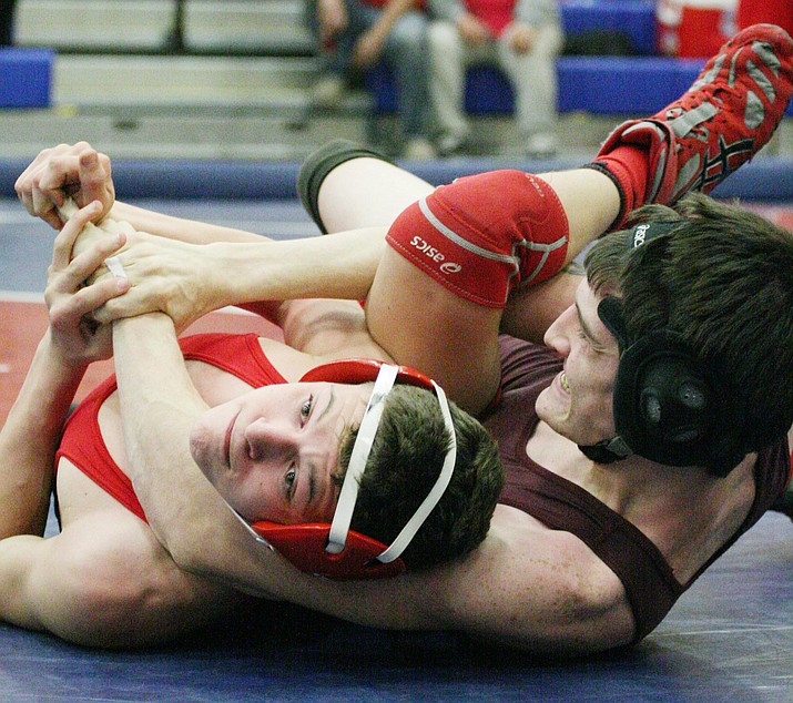 Mingus Union wrestler Michael Thurman competes in Wednesday’s four-way meet at Camp Verde High School.