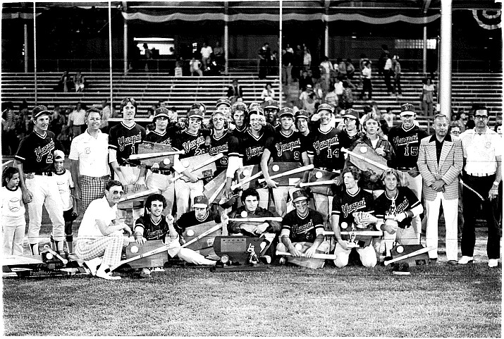 The 1977 Yavapai College baseball team poses for a photo after winning the Junior College World Series. The team is being inducted into the Yavapai Athletics Hall of Fame on Saturday. (Courtesy/Yavapai College Athletics)