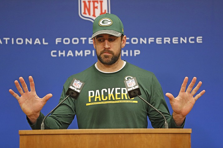 Green Bay Packers quarterback Aaron Rodgers speaks with the media during a press conference Jan. 18 in Green Bay, Wis. The Packers will play the Atlanta Falcons in the NFC Championship game on Sunday in Atlanta. (Matt Ludtke/Associated Press)