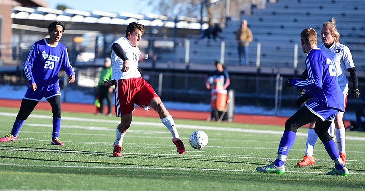 Bradshaw Mountain’s Schyler Cohan scores the first goal as the Bears play the Prescott Badgers in a cross-town rivalry soccer game Wednesday, January 25 in Prescott Valley. The Bears won the game 3-1 in a physical contest.