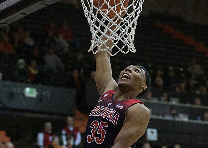 Arizona’s Allonzo Tries goes in for a dunk during the second half Feb. 2 against Oregon State, in Corvallis, Ore. Arizona won 71-54. (Timothy J. Gonzalez/Associated Press)