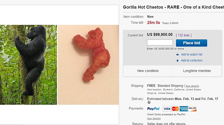 A Cheeto that bears a resemblance to the slain gorilla Harambe sold for nearly $100,000 on eBay Tuesday, Feb. 7, 2017. The eBay seller said he found the cheese snack in a bag of Flamin' Hot Cheetos.