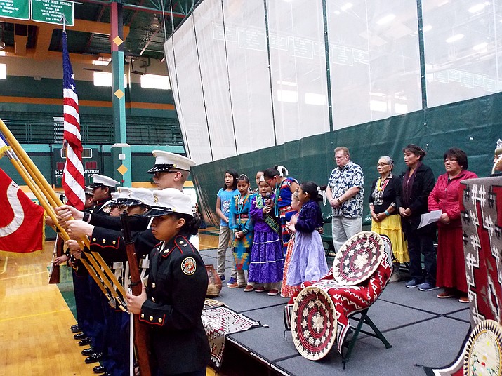 Tuba City High School MJROTC posts the colors at the cultural symposium at Tuba City High School. The event was for students, staff members and community members. Photo/Rosanda Suetopka