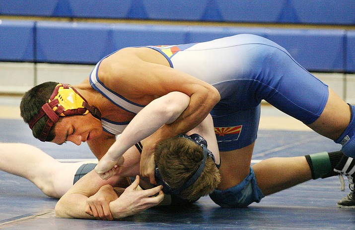 Camp Verde senior 160-pounder Enrique Garcia punched his ticket to the state wrestling tournament with a third-place finish in last weekend’s sectional championships. This is his first year of wrestling for Camp Verde. (VVN/Bill Helm)