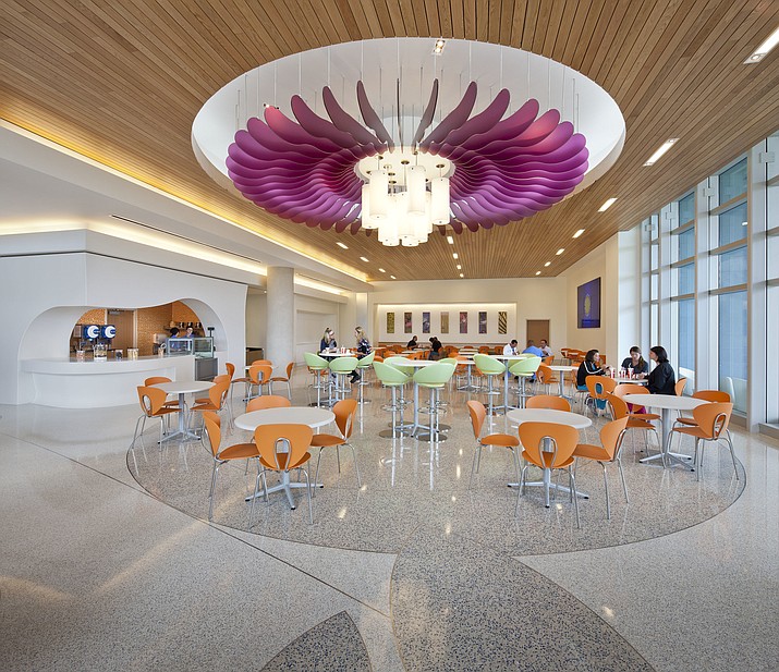 In this undated photo provided by Perkins+Will, a fantastic flower blooms overhead in the dining area at Nemours children's hospital in Orlando, with a design theme centered on creating a hospital in a garden. (Jonathan Hillyer Photography/Perkins+Will via AP)