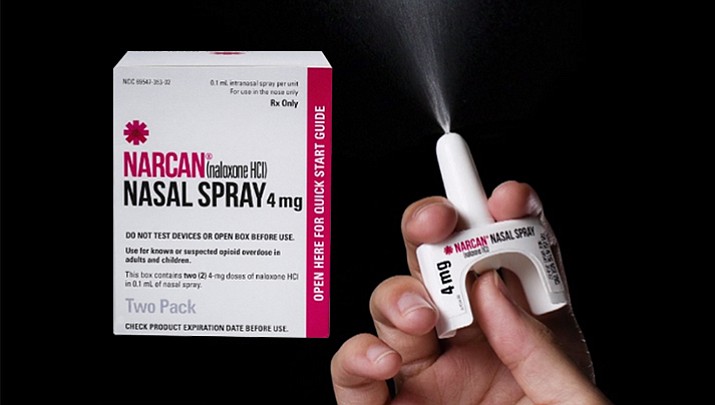 Narcan (or Naloxone hydrochloride), which can stop a heroin overdose, has been carried by area emergency medical personnel for many years, but not by local police. Area police agencies will now train officers to carry Narcan. (Photo provided by Adapt Pharma, which offers a free carton of Narcan nasal spray to all high schools in the United States.)