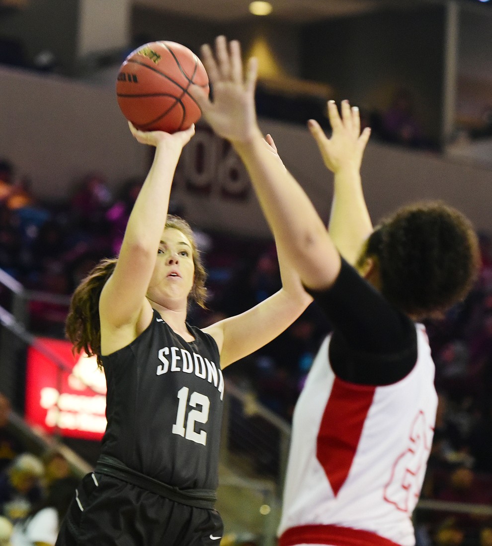 Sedona's Sophia Perry takes a shot as the Lady Scorpions take on the Leading Edge Academy Lady Spartans in the AIA Division 2 State Semifinals Friday, February 24 at the Prescott Valley Event Center. (Les Stukenberg/The Daily Courier)