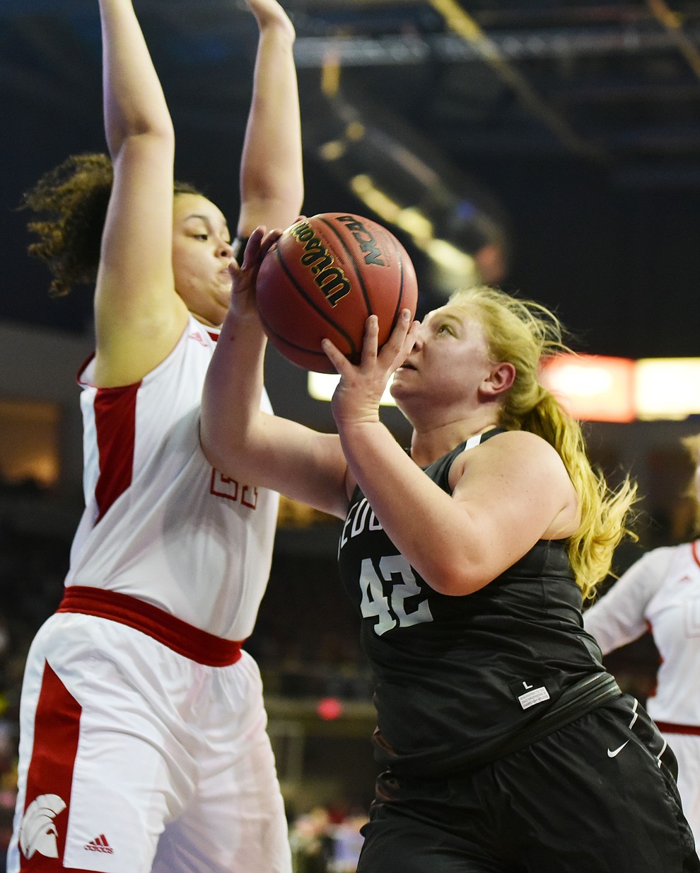 Sedona's Hannah Ringel looks to shoot as the Lady Scorpions take on the Leading Edge Academy Lady Spartans in the AIA Division 2 State Semifinals Friday, February 24 at the Prescott Valley Event Center. (Les Stukenberg/The Daily Courier)