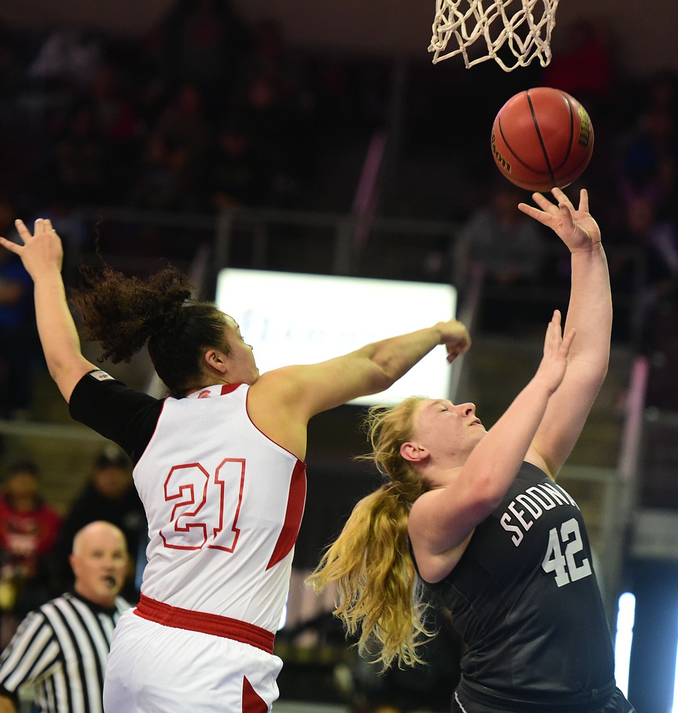 Sedona's Hannah Ringel gets a shot off as the Lady Scorpions take on the Leading Edge Academy Lady Spartans in the AIA Division 2 State Semifinals Friday, February 24 at the Prescott Valley Event Center. (Les Stukenberg/The Daily Courier)