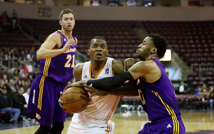 Northern Arizona's Elijah Millsap drives hard to the lane against a Los Angeles defender Sunday, Feb. 26, at the Prescott Valley Event Center. Millsap finished with 18 points in a 117-113 win over the D-Fenders. (Matt Santos/NAZ Suns)