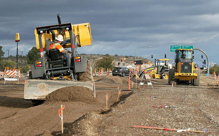Workers with NGU Contracting from Phoenix are preparing SR 260 off Industrial Drive for a roundabout, the first of seven full-access roundabout intersections “to accommodate the projected future traffic demands for the next 20 years,” according to a statement released by Arizona Department of Transportation. (Photos by Bill Helm)
