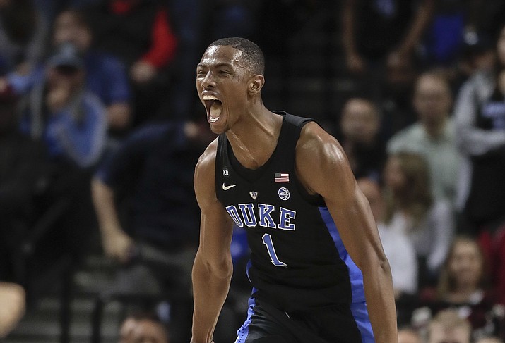 Duke forward Harry Giles (1) reacts after scoring against North Carolina in the second half the ACC tournament semifinals Friday in New York. (Julie Jacobson/Associated Press)