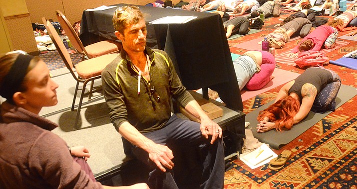 Marc Titus takes a quick moment from his hectic schedule to meditate before speaking to the “Yoga for PTSD, immersion for Yoga Teachers and Service Providers” training class on Thursday at the 2017 Sedona Yoga Festival. It is one of dozens of trainings offered during the 2017 festival. VVN/Vyto Starinskas