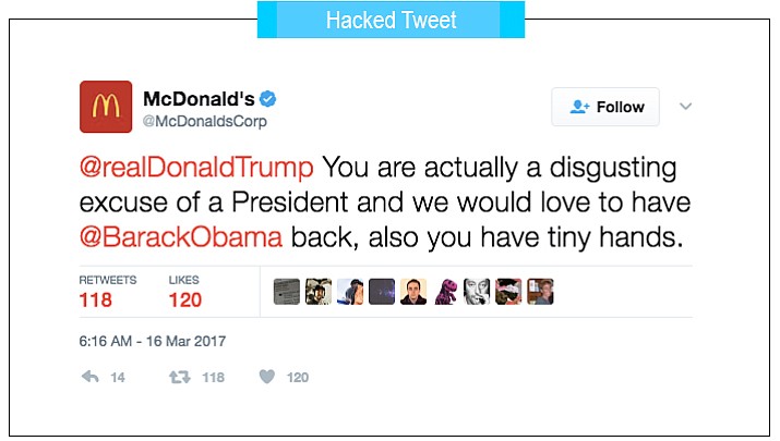 McDonald’s says this anti-Trump tweet was posted by a hacker Thursday. It was deleted shortly after it appeared, but not before it went viral and caused a stir on social media. McDonald's said in a statement that it took swift action to secure its account, and apologized that the tweet was sent through its corporate account. 