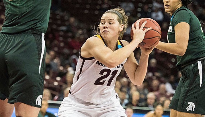 Arizona State forward Sophie Brunner (21) drives to the hoop against Michigan State during a first-round game in the women's NCAA college basketball tournament Friday, March 17, in Columbia, S.C.