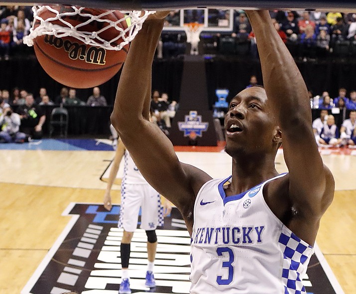 Kentucky's Bam Adebayo dunks the ball during the first half of a first-round game against Northern Kentucky in the men's NCAA college basketball tournament Friday, March 17, in Indianapolis.