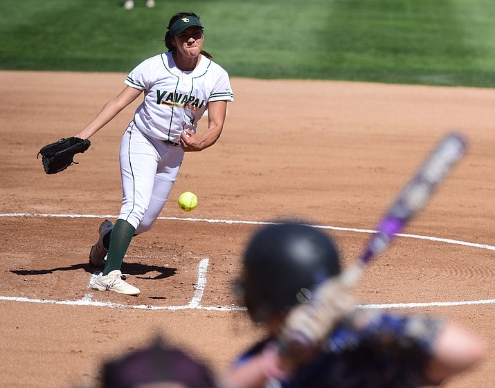 Yavapai College's Kiana Spencer delivers a pitch as the Lady Roughriders take on South Mountain Saturday, March 18 in Prescott. (Les Stukenberg/The Daily Courier)