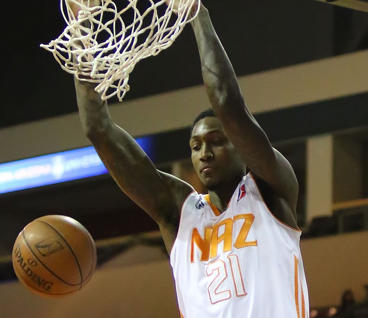 Northern Arizona's Alex Davis dunks the ball in the second quarter against the Texas Legends on Thursday, March 23, in Prescott Valley. Davis finished with 12 points and seven rebounds in a 107-101 loss. (Matt Hinshaw/NAZ Suns)