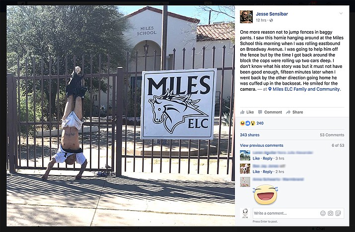 This Facebook photo, posted Friday, shows a man who allegedly was trespassing at a Tucson school when he was spotted by a worker. When he tried to flee the suspect attempted to jump over a spiked fence when his baggy pants got caught and he was left hanging upside down with his underwear showing.