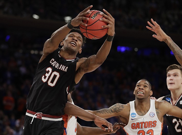 South Carolina forward Chris Silva (30) grabs a rebound against Florida during the second half of the East Regional championship game of the NCAA men’s college basketball tournament, Sunday, March 26, in New York. 