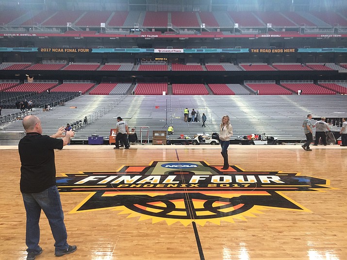 The floor for this weekend’s NCAA Tournament men’s Final Four is laid in place March 24 at University of Phoenix Stadium in Glendale. North Carolina heads into the weekend with the most experience in a Final Four event, while Gonzaga and South Carolina are making their debut. Oregon hasn’t made the Final Four since 1939. (Bob Baum/AP)