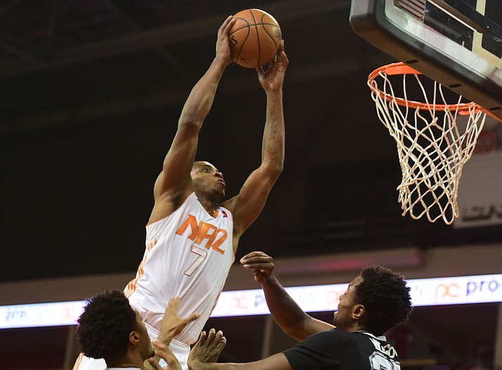 Northern Arizona’s Elijah Millsap flies to the hoop as the Suns take on the Austin Spurs in their final home game of the 2016-17 season Wednesday, March 29, in Prescott Valley. (Les Stukenberg/Courier)