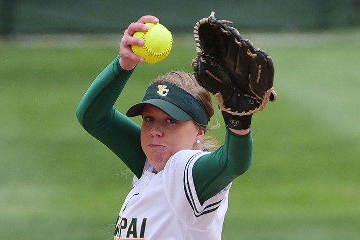 Yavapai College’s Amy Robinson delivers a pitch as the Lady Roughrider take on the Glendale Community College Lady Gauchos in the first game of doubleheader Friday, March 31 in Prescott. (Les Stukenberg/Courier)
