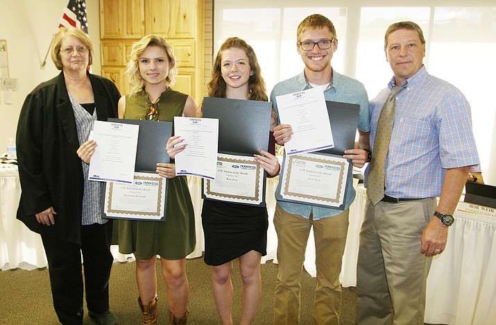 Jones Ford Verde Valley service manager Billie Brooks, far left, and V’ACTE Superintendent Bob Weir, far right, with Camp Verde High School student Alexandra Reynolds, Sedona-Red Rock High School student Rose Levy and Mingus Union High School student Zach Peek, winners of this month’s Jones Ford Verde Valley CTE Student of the Month award.